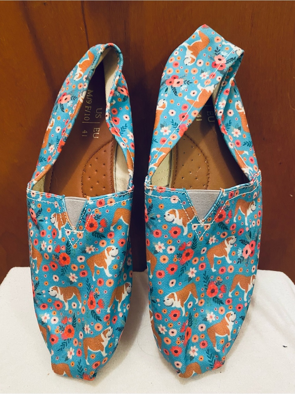 Tom's style Turquoise Floral Bulldog Print Slip-On Canvas Flats
